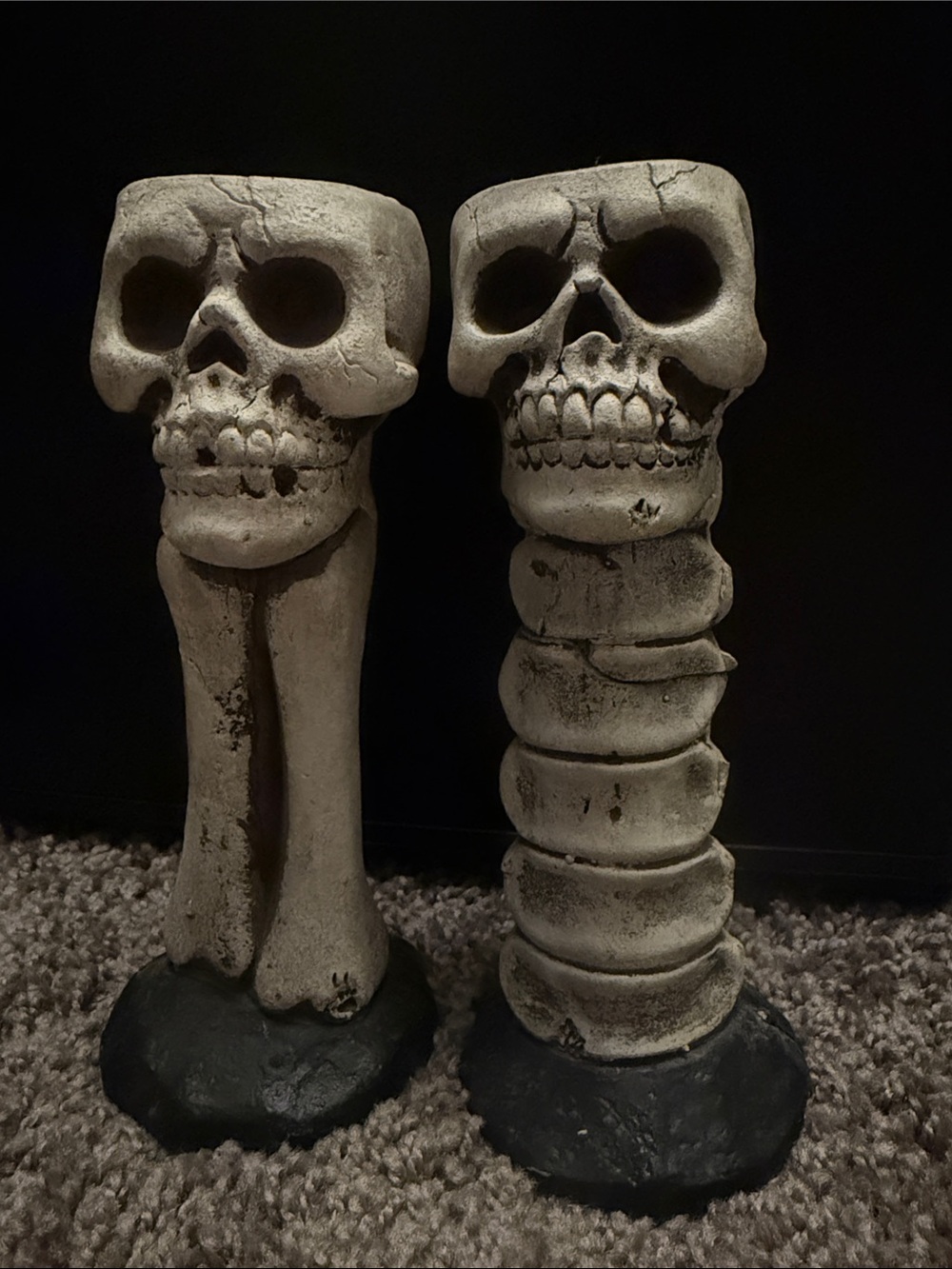 Pair of White Skull Bone Sculptures - Gothic Candle Accent